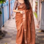 cotton Linen Sarees with Sequence Work - Brown Saree