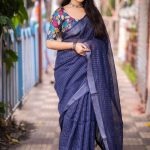cotton Linen Sarees with Sequence Work - Navy Blue