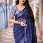 Linen Sarees with Sequence Work - Navy Blue Differ Blouse
