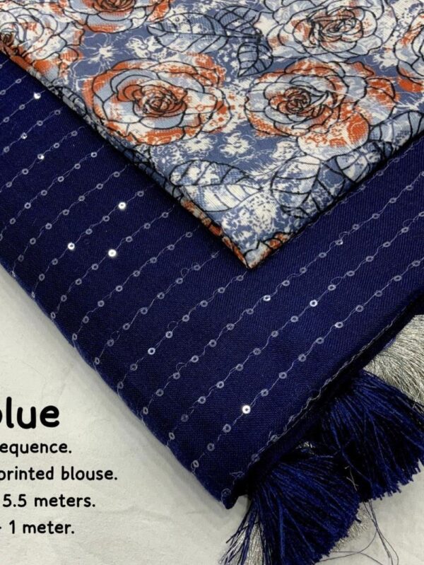 Linen Sarees with Sequence Work - Navy Blue Differ Blouse - blue dhaara