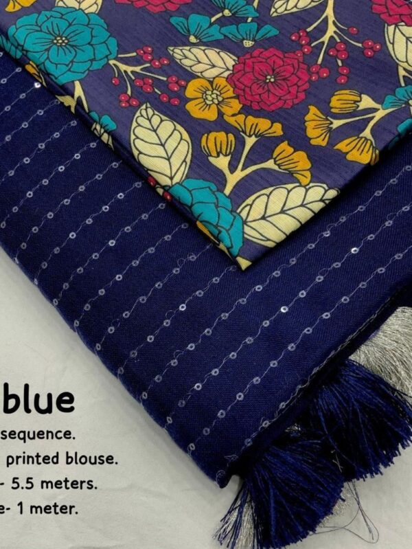 cotton Linen Sarees with Sequence Work - Navy Blue - blue dhaara