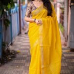 Linen Sarees with Sequence Work - Yellow Saree - blue dhaara