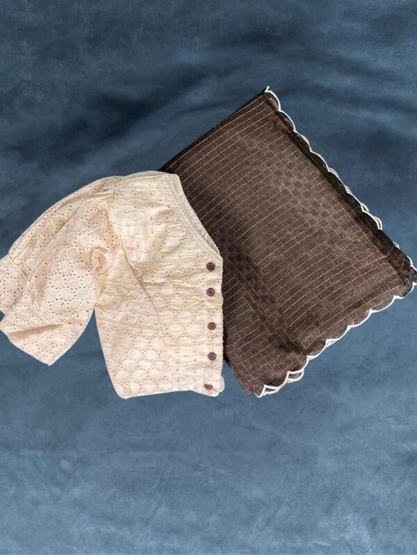 Manipuri Cotton Kota Chex Coffee Saree with Off White Blouse