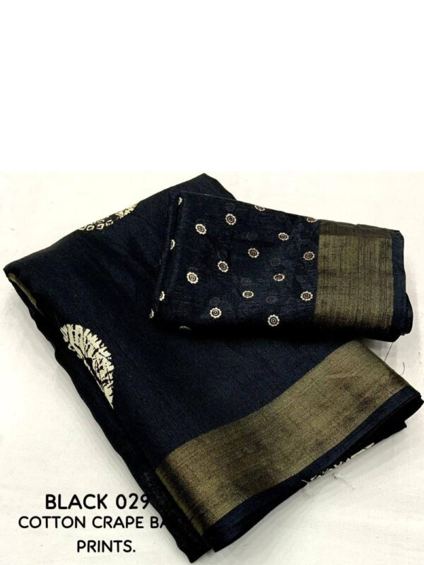 Black Soft Cotton Crepe Batik Print With Zari Pattu Woven Border