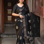 Black Soft Cotton Crepe Batik Print With Zari Pattu Woven Border - blue dhaara