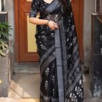 Black linen printed pattu saree - blue Dhaara