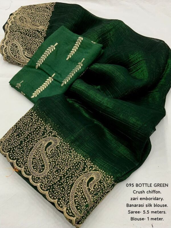 Bottle Green Crush Chiffon Zari Embroidery