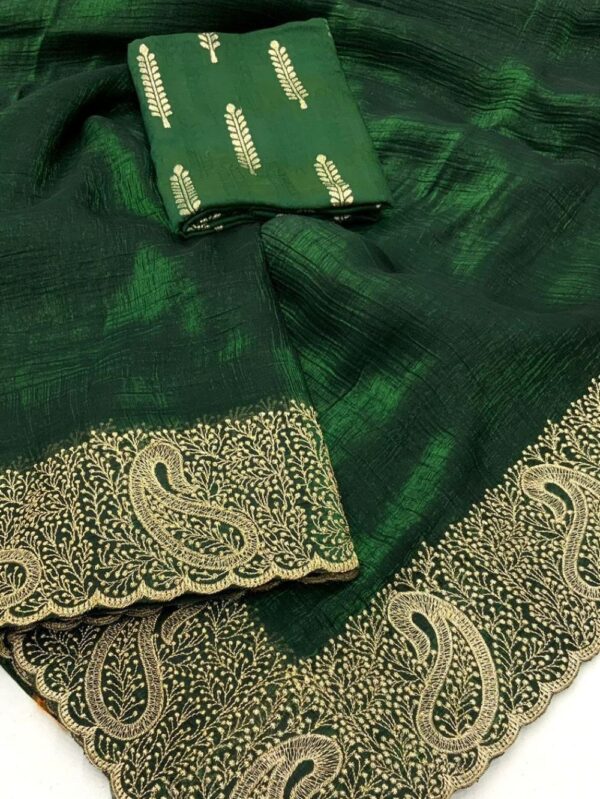 Bottle Green Crush Chiffon Zari Embroidery
