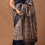 Chanderi Silk Saree Beige with Indigo Blue