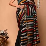 Chanderi Silk Saree Black with Multicolor Stripes