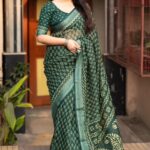 Green linen pattu printed saree - Blue Dhaara