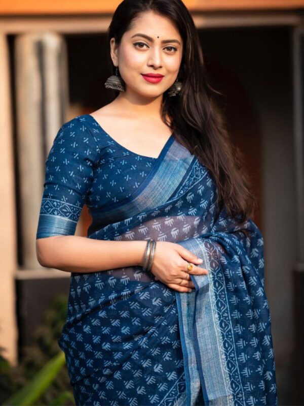 Indigo Blue linen pattu printed saree