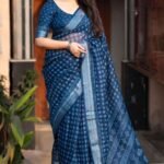 Indigo Blue linen pattu printed saree - Blue Dhaara