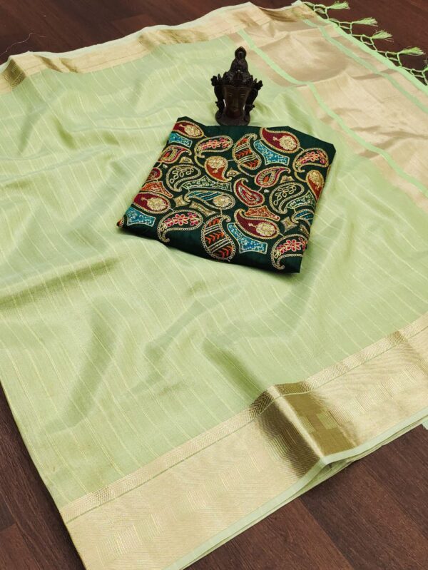 Light Green Color Soft Cotton Plain Silk Saree With Border