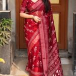 Maroon linen pattu printed saree - Blue Dhaara