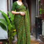 Mehndi Green Printed Georgette Saree blue dhaara