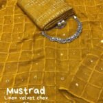 Mustard Yellow Color Soft Linen Saree Weaving With Velvet Chex