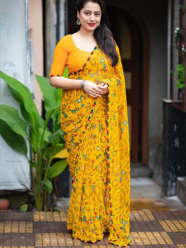 Mustard Yellow Printed Georgette Saree blue dhaara