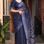 Navy Blue pattu printed saree - blue dhaara