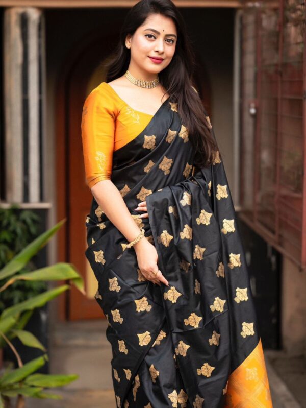 Online Black Soft Silk Saree Mustard Design - Blue Dhaara