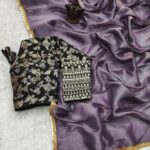 Pure Crushed Tissue Silk Lavender Saree Black Blouse