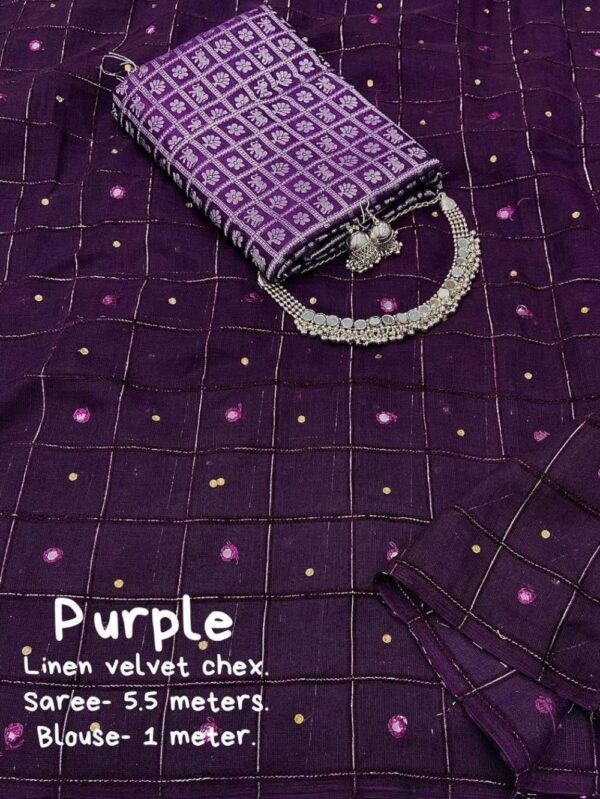Purple Soft Linen Saree With Weaving Velvet Chex
