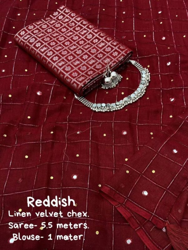Reddish Color Soft Linen Saree with Weaving Chex of Velvet Thread