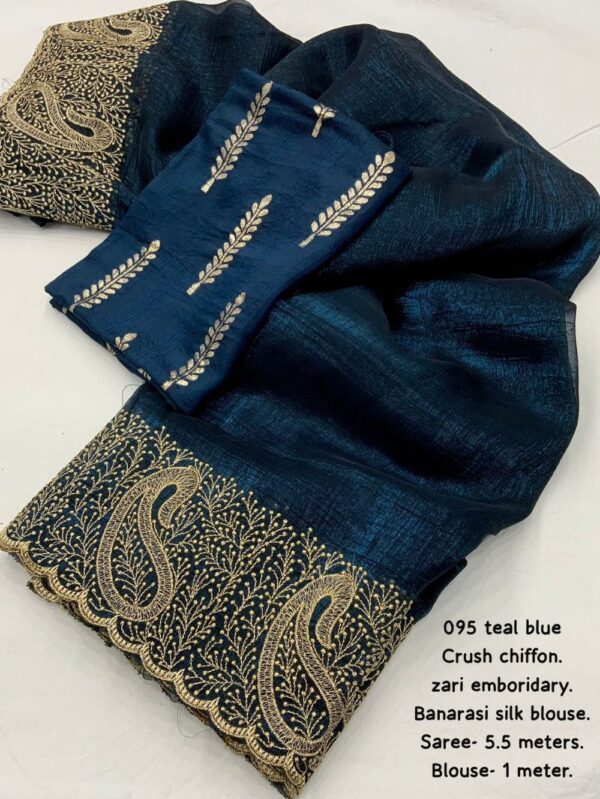 Teal Blue Crush Chiffon Zari Embroidery Teal Blue