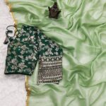 Tissue Silk Saree - Crushed Tissue Silk Light Green Bottle Green - Blue Dhaara