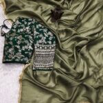 Tissue Silk Saree - Crushed Tissue Silk Olive Green Bottle Green - Blue Dhaara