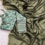 Tissue Silk Saree - Crushed Tissue Silk Olive Green Sea Green - Blue Dhaara