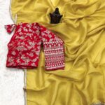 Tissue Silk Sarees - Crushed Tissue Silk Yellow Red - Blue Dhaara