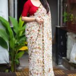 White Printed Georgette Saree blue dhaara