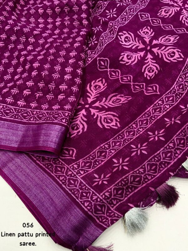 Wine linen pattu printed saree open view