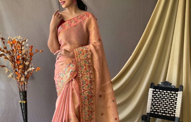 Kashmiri Embroidery Tusser Silk Peach - Blue Dhaara - Category