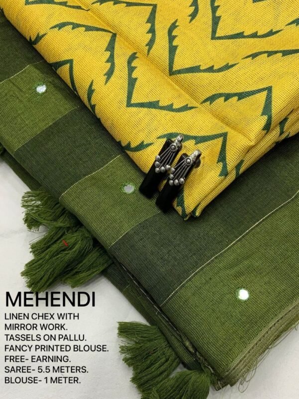 Linen Saree Mehendi green color