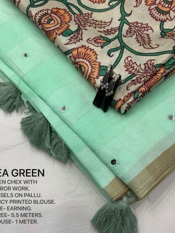 cotton Linen Saree Sea Green