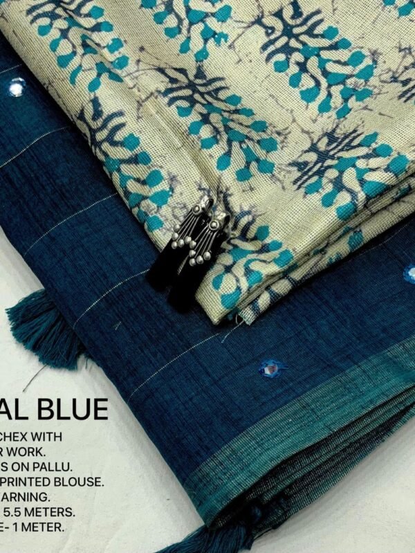 cotton Linen Saree Teal Blue