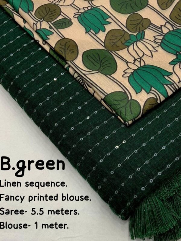 Linen Sarees With Sequence Work - Bottle Green