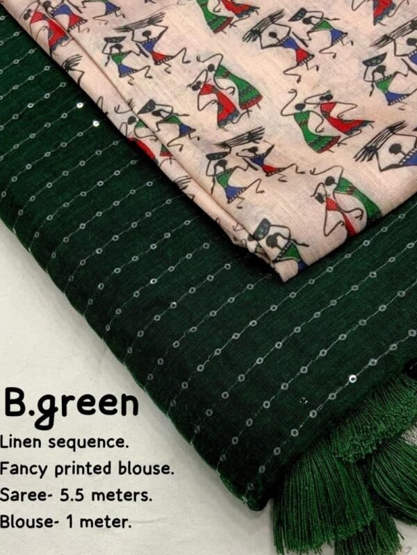 Linen Sarees With Sequence Work - Bottle Green - Blue dhaara