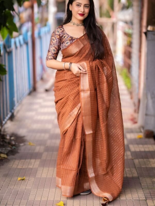 cotton Linen Sarees with Sequence Work - Brown Saree