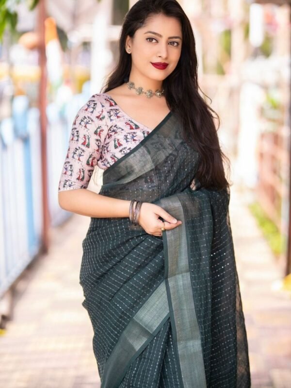 cotton Linen Sarees with Sequence Work - Grey Saree