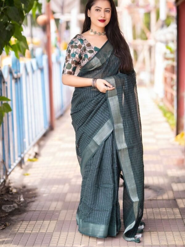 Linen Sarees With Sequence Work - Grey Saree Differ Blouse