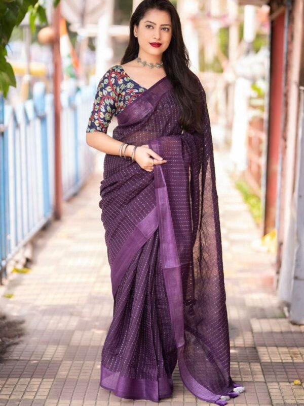 cotton Linen Sarees with Sequence Work - Jamali Saree