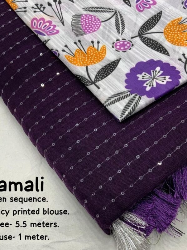 Cotton Linen Sarees with Sequence Work - Jamali Saree Differ Pattern Blouse