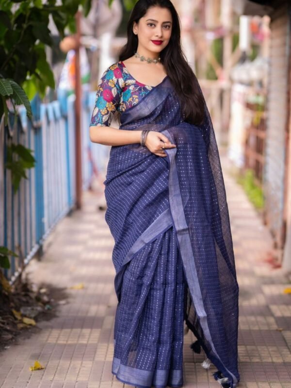 cotton Linen Sarees with Sequence Work - Navy Blue