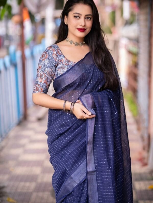 Linen Sarees with Sequence Work - Navy Blue Differ Blouse