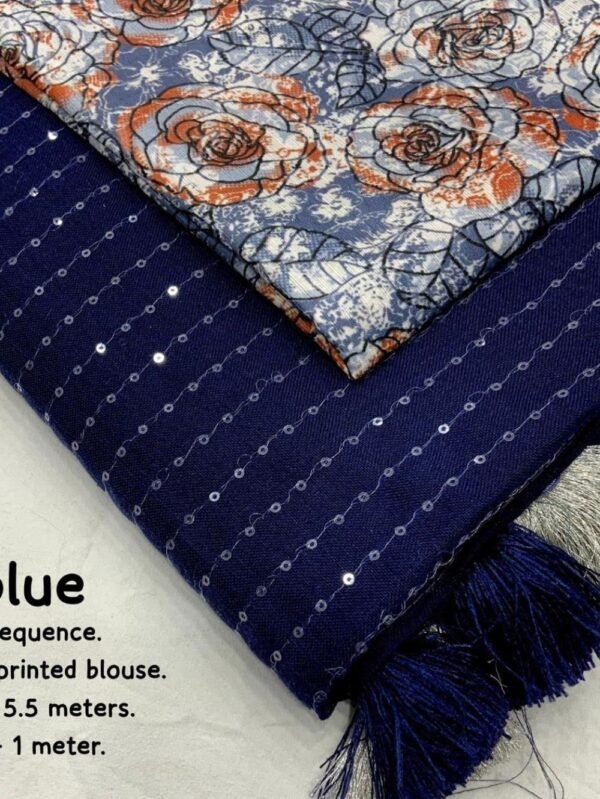 Linen Sarees with Sequence Work - Navy Blue Differ Blouse - blue dhaara