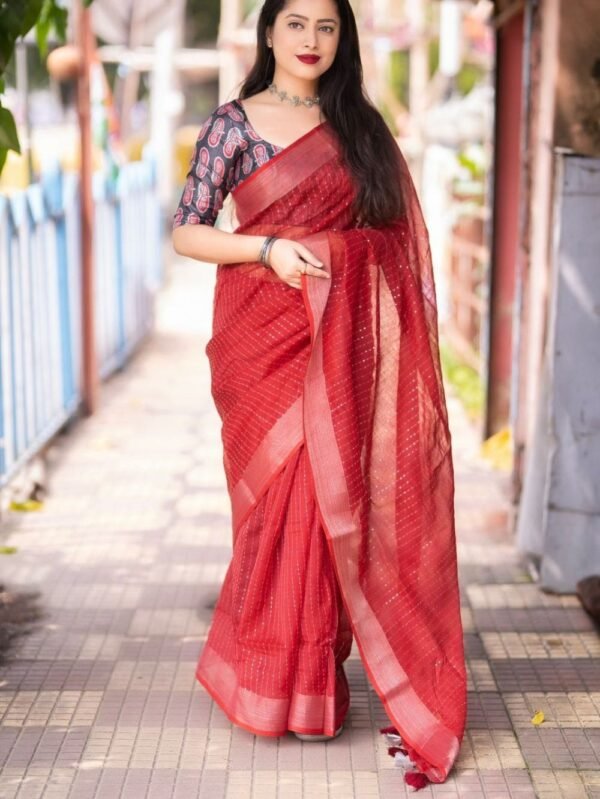 Linen Sarees with Sequence Work - Red Saree