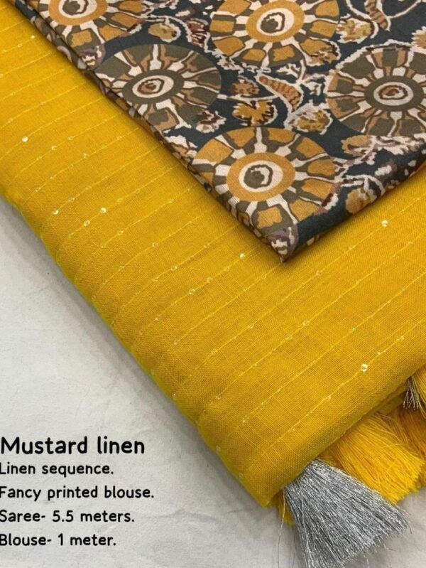 Linen Sarees With Sequence Work - Yellow Saree